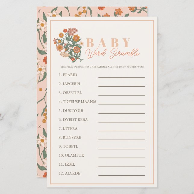 Boho Wildflower Word Scramble Baby Shower Game (Front/Back)