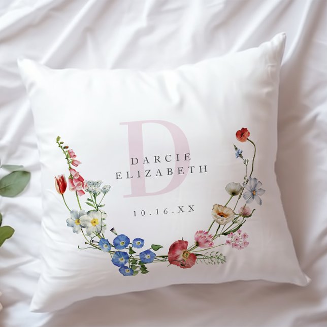 Boho Wildflower Wreath Monogram Nursery  Cushion (Creator Uploaded)