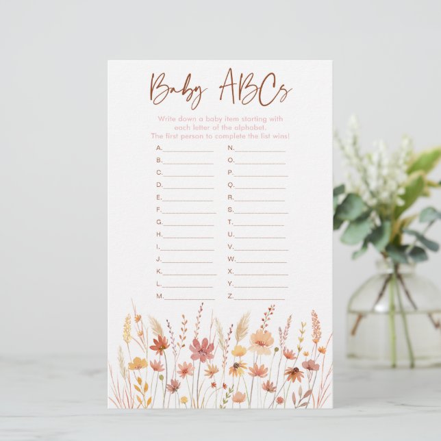 Boho Wildflowers ABC Baby Shower Game (Standing Front)
