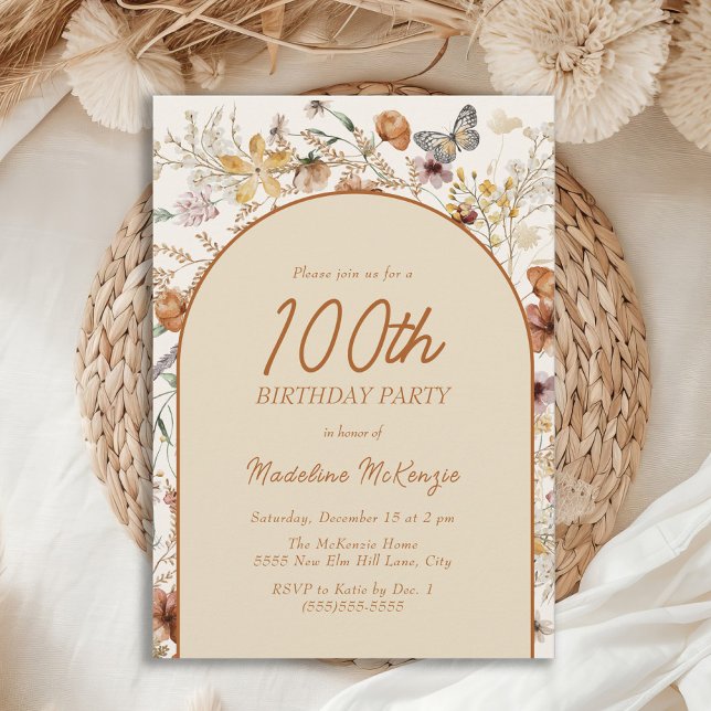Boho Wildflowers Arch 100th Birthday Invitation (Boho wildflowers and arch 100th birthday party invitation for women.)