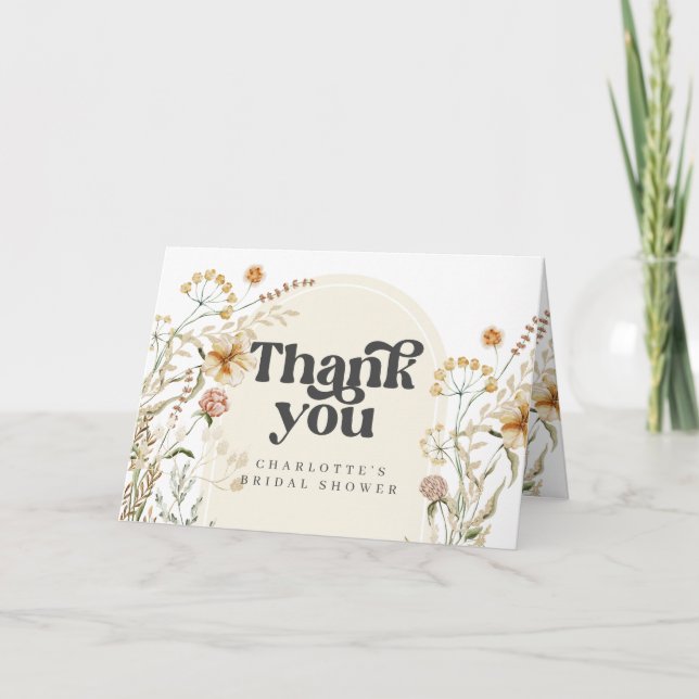Boho Wildflowers Arch Bridal Shower Thank You Card (Front)