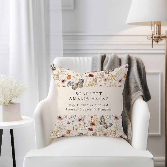 Boho Wildflowers Baby Birth Stats Cushion (Boho Wildflowers Butterflies  Baby Birth Stats Throw Pillow by Painted Paperie
)