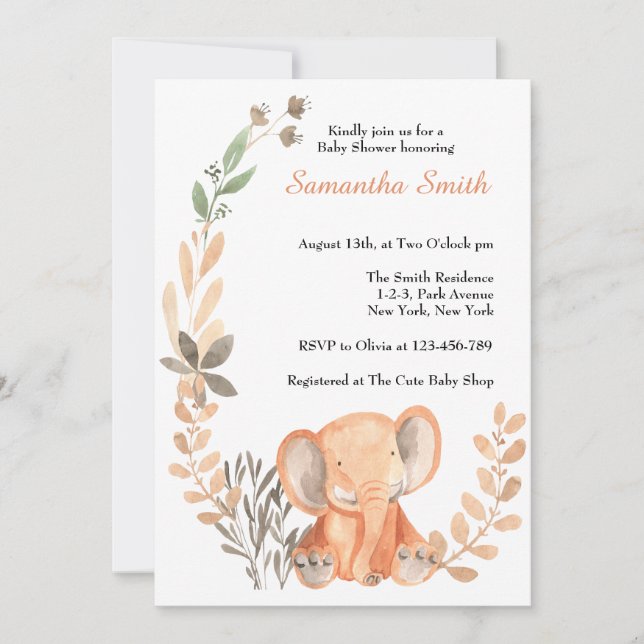 Boho Wildflowers Baby Elephant Baby Shower Invitation (Front)