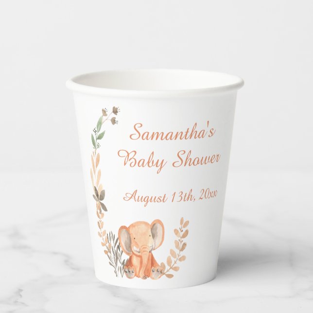 Boho Wildflowers Baby Elephant Baby Shower Paper Cups (Front)