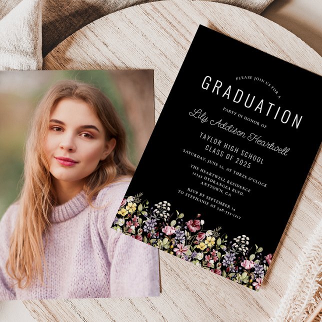 Boho Wildflowers Black Photo Graduation Invitation (Creator Uploaded)