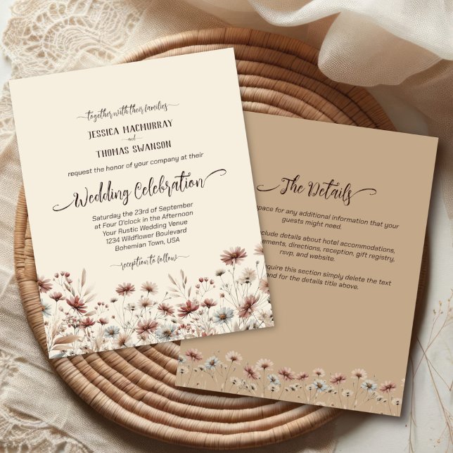 Boho Wildflowers BUDGET Wedding Invite w/ Details (Front/Back)