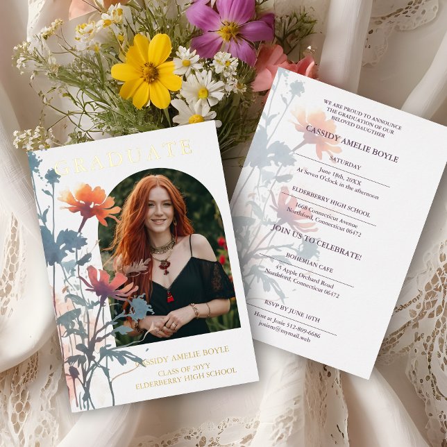 Boho Wildflowers Bunch Photo Modern Arch Graduate (Boho Wildflowers Bunch Photo Modern Arch Frame Graduate Real Golden Metallic Foil Invitation Card.)
