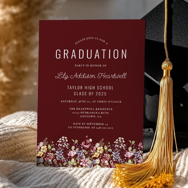 Boho Wildflowers Burgundy Graduation Party Invitation (Creator Uploaded)