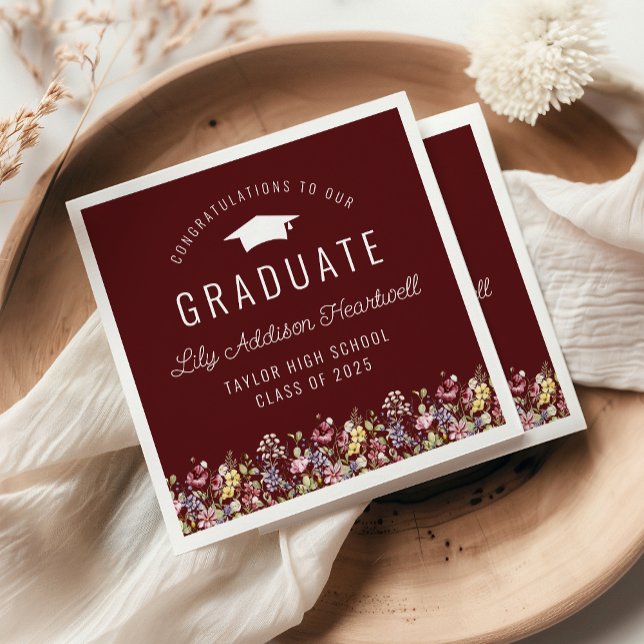 Boho Wildflowers Burgundy Graduation Party Napkin (Creator Uploaded)