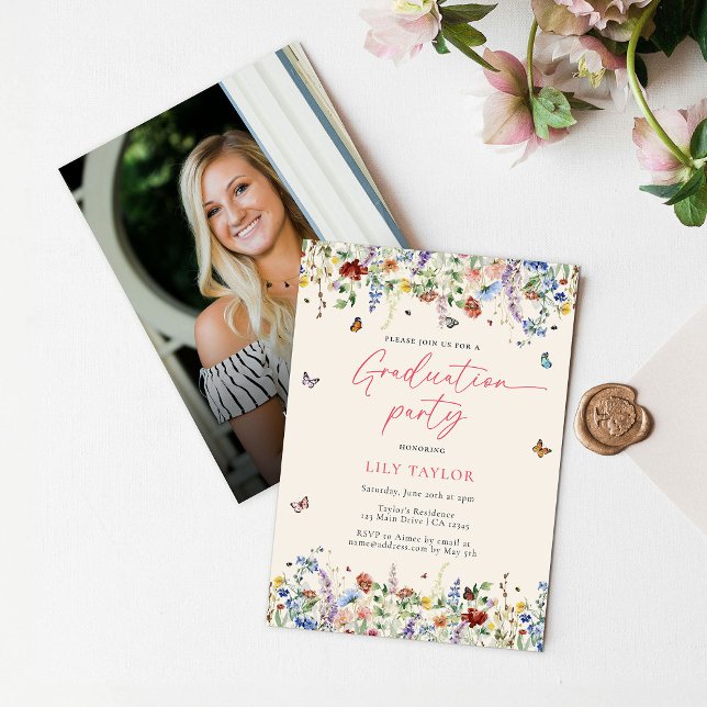 Boho Wildflowers Butterflies 2025 Photo Graduation Invitation (Creator Uploaded)