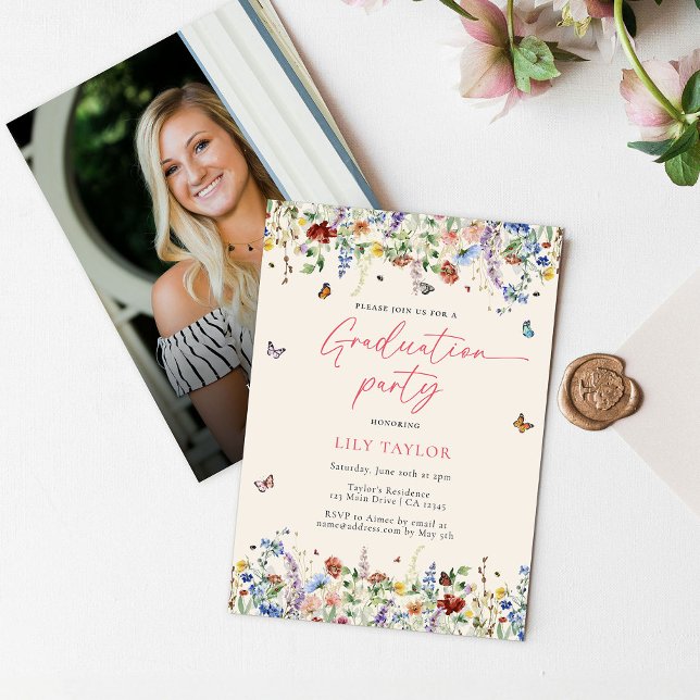 Boho Wildflowers & Butterflies Photo Graduation Invitation (Creator Uploaded)