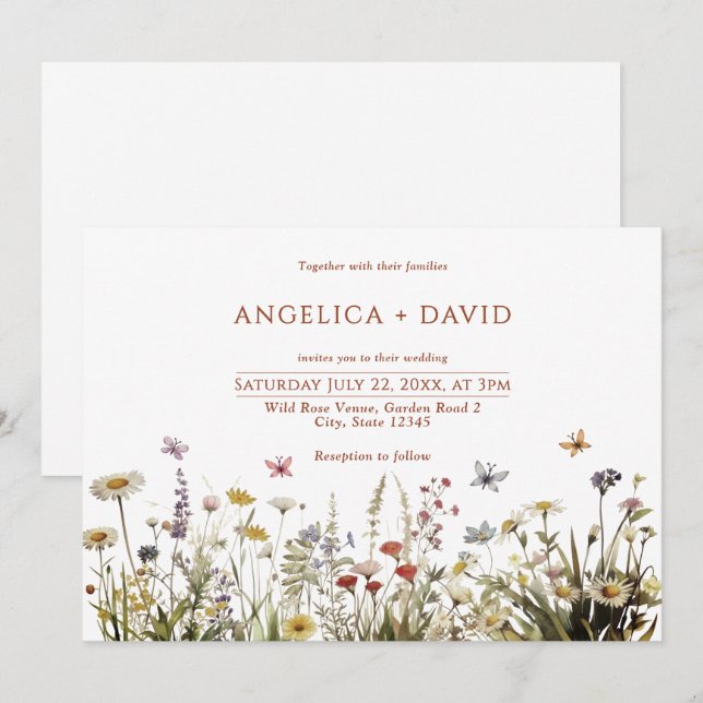 Boho Wildflowers Butterflies Wedding Invitation (Front/Back)