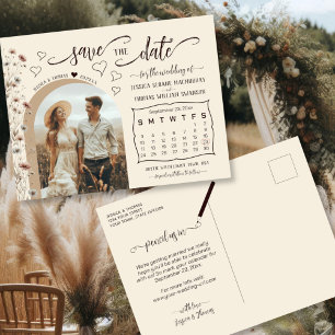 Boho Wildflowers Calendar & Photo Save the Date Announcement Postcard