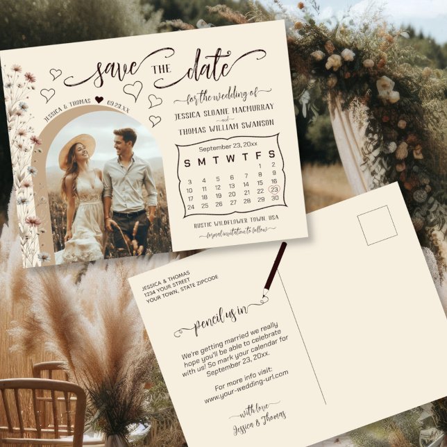 Boho Wildflowers Calendar & Photo Save the Date Announcement Postcard (Front/Back)