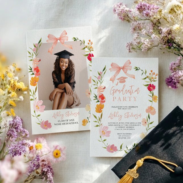 Boho Wildflowers Coquette Bow photo graduation Invitation (Boho Wildflowers Coquette Bow photo graduation Invitation)