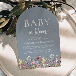 Boho Wildflowers Dusty Blue Arch Baby Shower Invitation