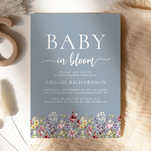 Boho Wildflowers Dusty Blue Baby Shower Invitation