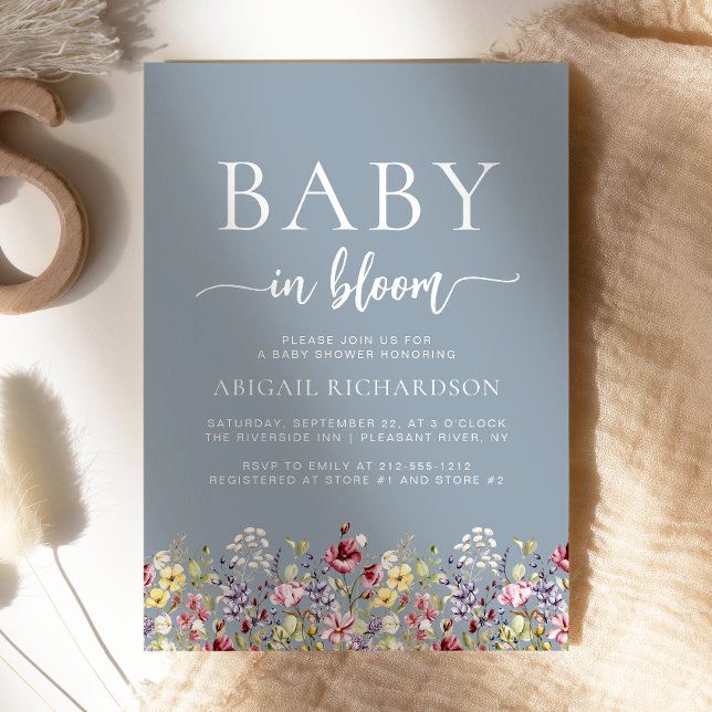 Boho Wildflowers Dusty Blue Baby Shower Invitation (Creator Uploaded)