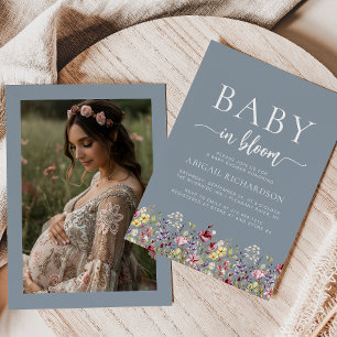 Boho Wildflowers Dusty Blue Photo Baby Shower Invitation