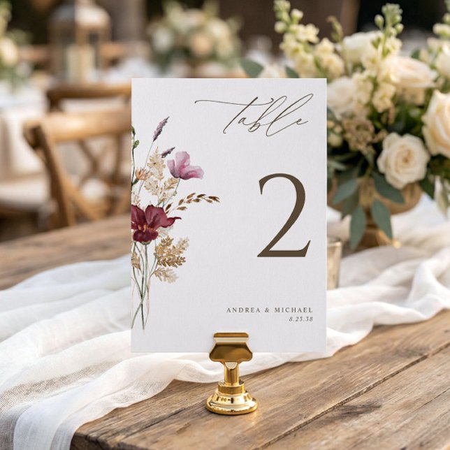 Boho Wildflowers Elegant Fall Wedding Table Number (Elegant fall wildflowers wedding table numbers - double-sided - 5x7)