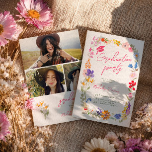 Boho Wildflowers Floral 3 Photo Graduation Party Invitation
