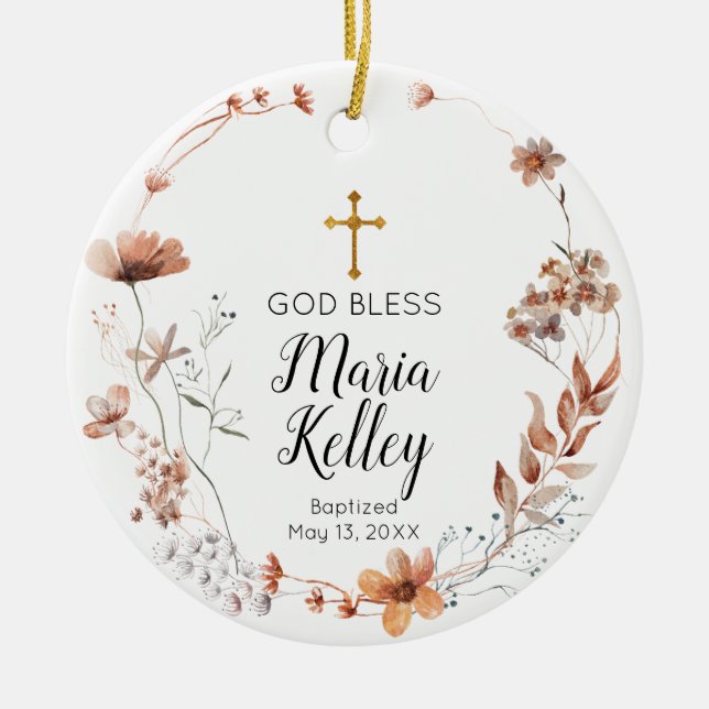 Boho Wildflowers Floral Personalised Girl Baptism  Ceramic Tree Decoration (Front)