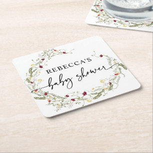 Boho Wildflowers Greenery Baby Shower  Square Paper Coaster