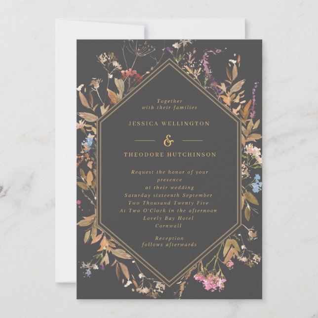 Boho Wildflowers Grey & Gold Geo Frame Wedding Invitation (Front)