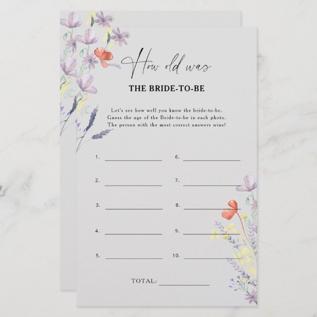 Boho Wildflowers How old was the bride to be game (Front/Back)