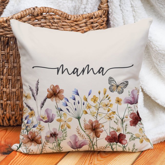 Boho Wildflowers Mama Cushion (Boho Wildflowers Mama Throw Pillow with Butterfly by Painted Paperie
)