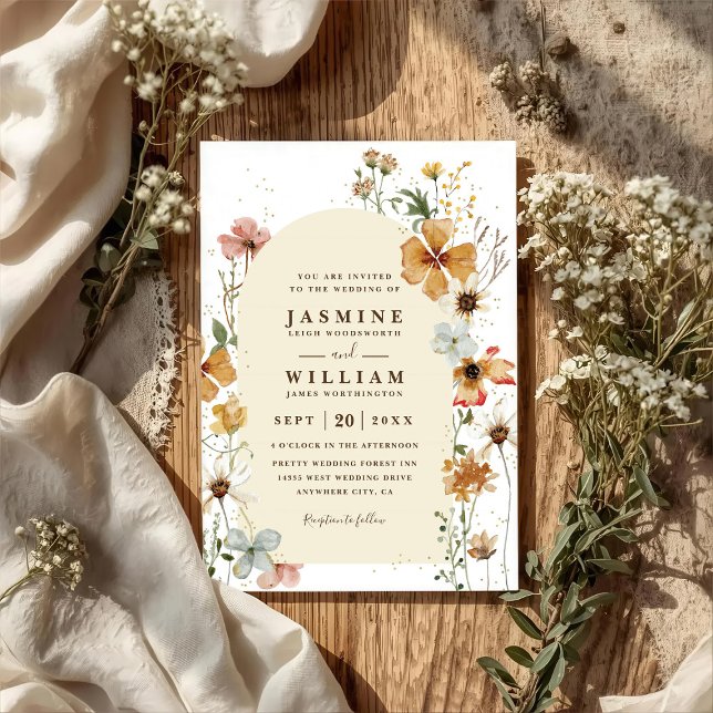 Boho Wildflowers Meadow Arch Chic QR Code Wedding Invitation (Creator Uploaded)