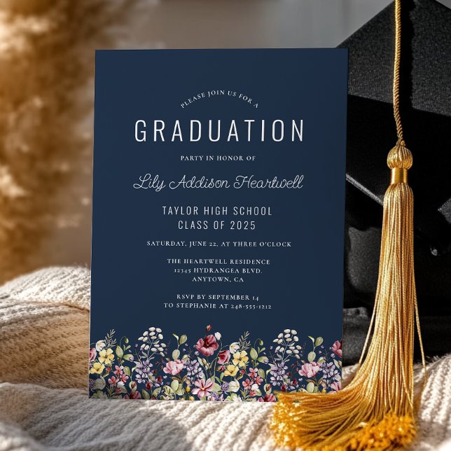 Boho Wildflowers Navy Blue Graduation Party Invitation (Creator Uploaded)