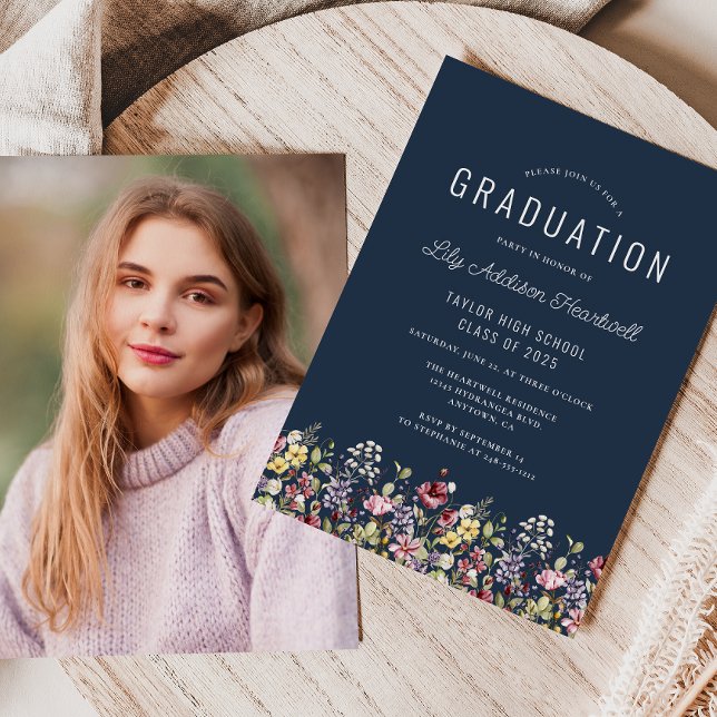 Boho Wildflowers Navy Blue Photo Graduation Invitation (Creator Uploaded)