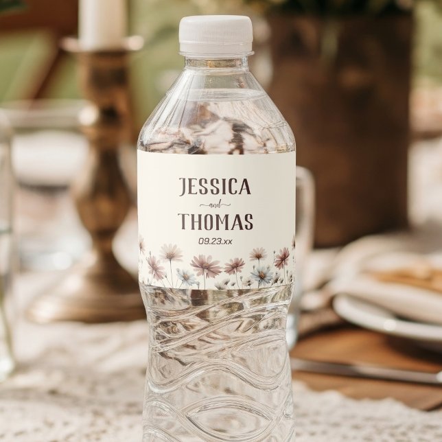 Boho Wildflowers on Cream Simple Wedding Water Bottle Label (Creator Uploaded)