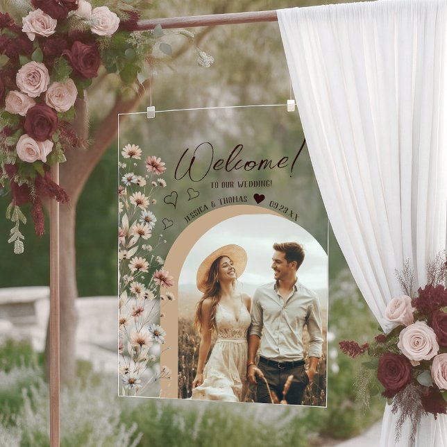 Boho Wildflowers Photo Arch Wedding Welcome Clear Acrylic Sign (Creator Uploaded)