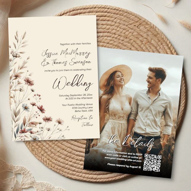 Boho Wildflowers & Photo Modern QR Code Wedding Invitation (Front/Back)
