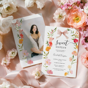 Boho Wildflowers Pink Coquette Bow Photo Sweet 16 Invitation