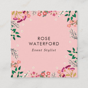 Boho Wildflowers Pink Square Business Card