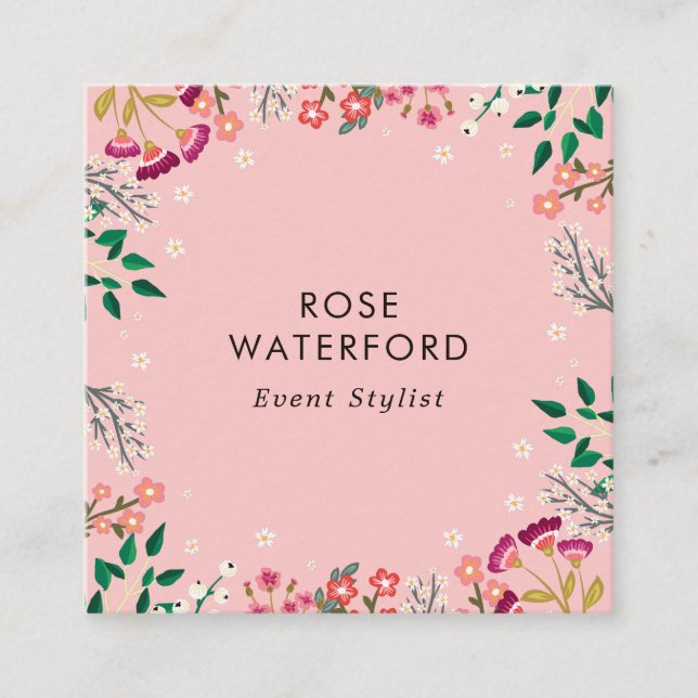 Boho Wildflowers Pink Square Business Card (Front)