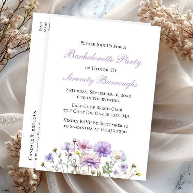 Boho Wildflowers Purple Floral Bachelorette Party Invitation Postcard (Creator Uploaded)