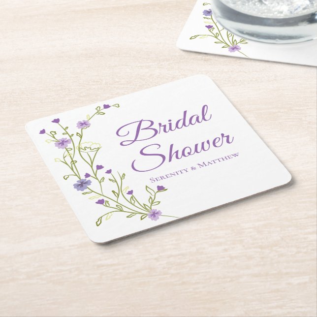 Boho Wildflowers Purple Floral Bridal Shower Square Paper Coaster (Angled)