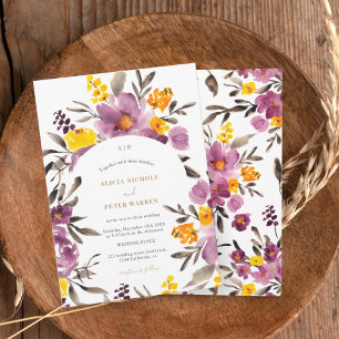 Boho wildflowers purple yellow Watercolor Wedding Invitation