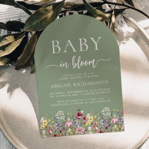 Boho Wildflowers Sage Green Arch Baby Shower Invitation