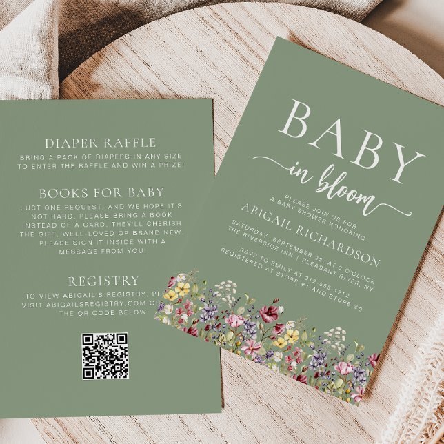 Boho Wildflowers Sage Green QR Code Baby Shower Invitation (Creator Uploaded)