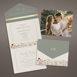 Boho Wildflowers Sage Green Wedding All In One Invitation