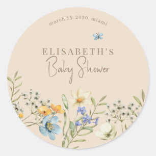 Boho wildflowers spring baby shower personalised classic round sticker
