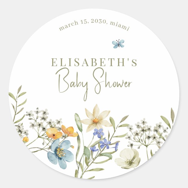 Boho wildflowers spring baby shower personalised classic round sticker (Front)