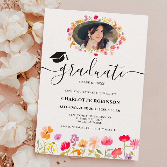 Boho wildflowers spring floral photo graduation invitation (Boho wildflowers spring floral photo graduation invitation)