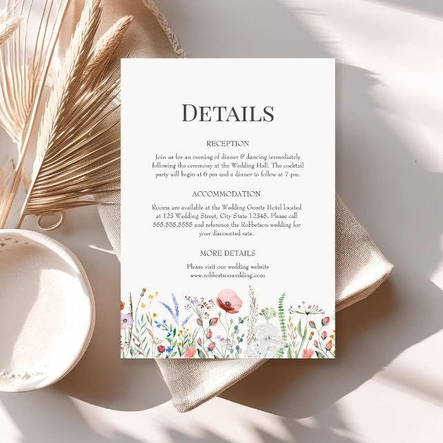 Boho Wildflowers Wedding Details Enclosure Card (Boho Wildflowers Wedding Details Enclosure Card on a sunny boho table with dry flowers.)