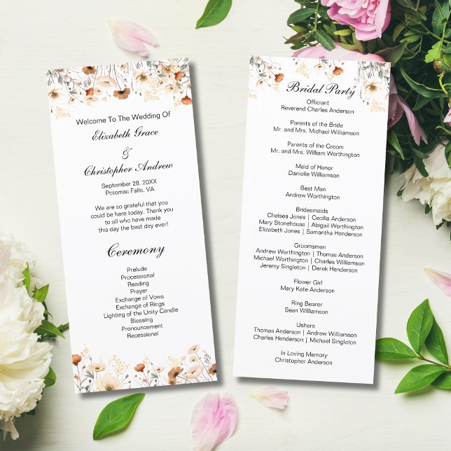 Boho Wildflowers Yellow Beige Wedding Program Menu (Boho Wildflowers in Yellow Cream Beige Neutral Colors Wedding Program)